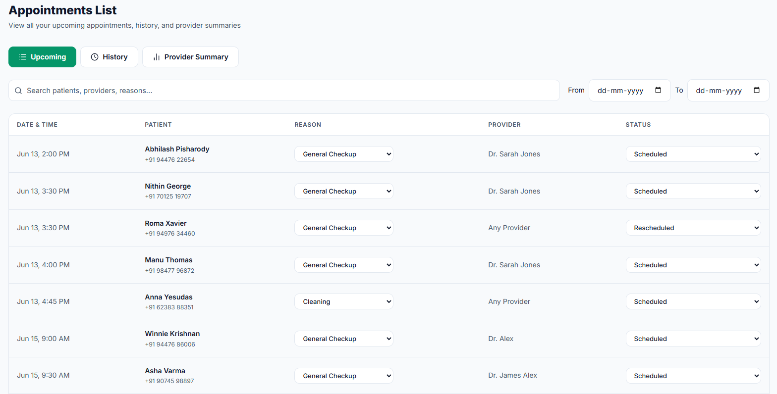 Appointments list view with upcoming and history tabs