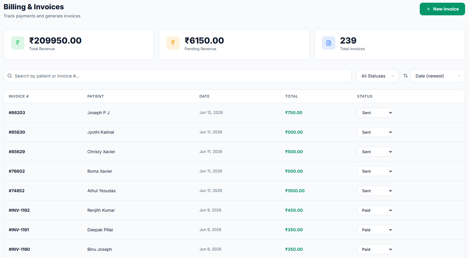 Billing dashboard with total revenue and invoice list