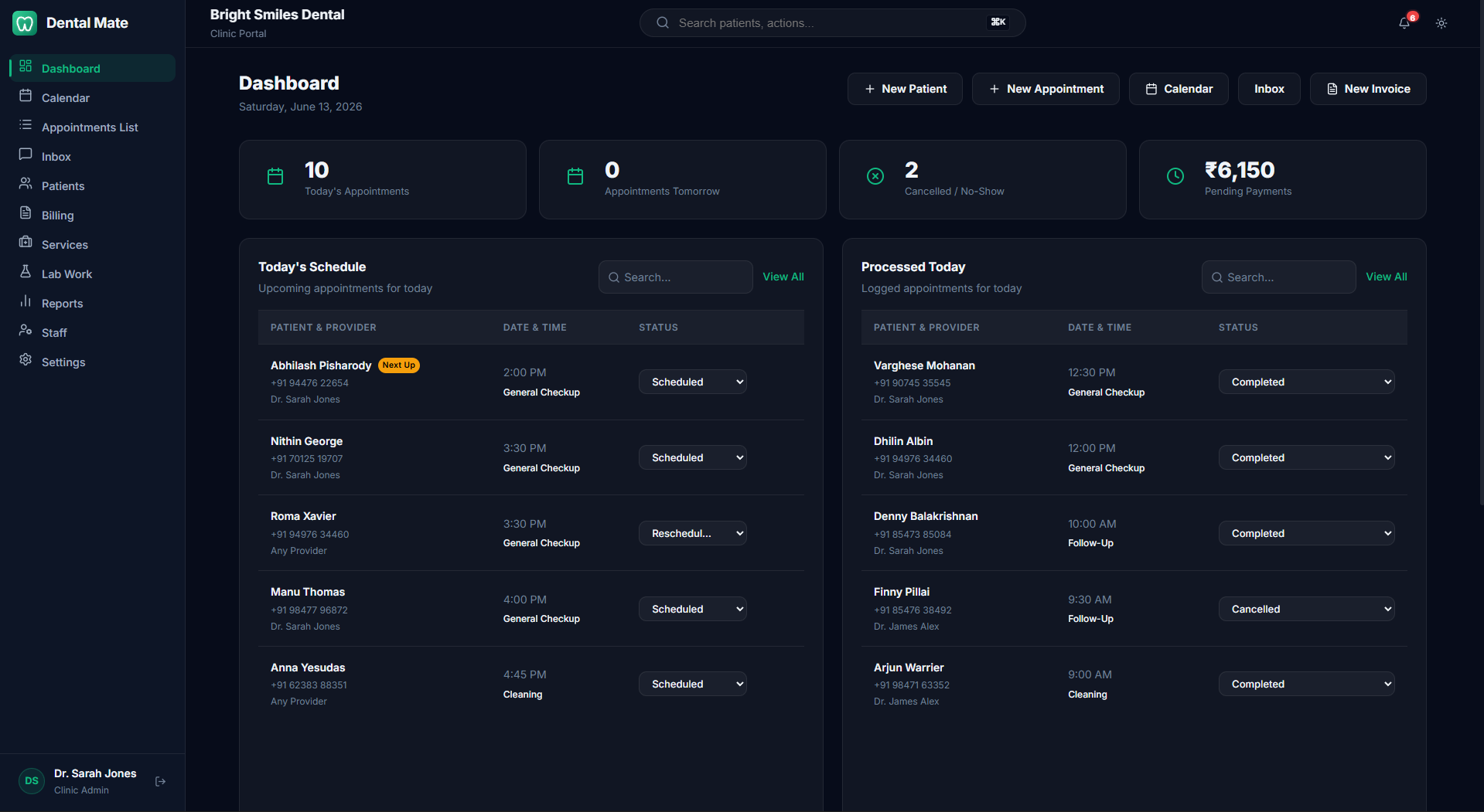 Dental Mate dashboard in dark mode