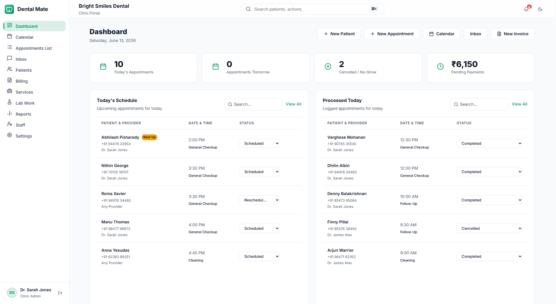 Dental Mate dashboard showing today's schedule and revenue