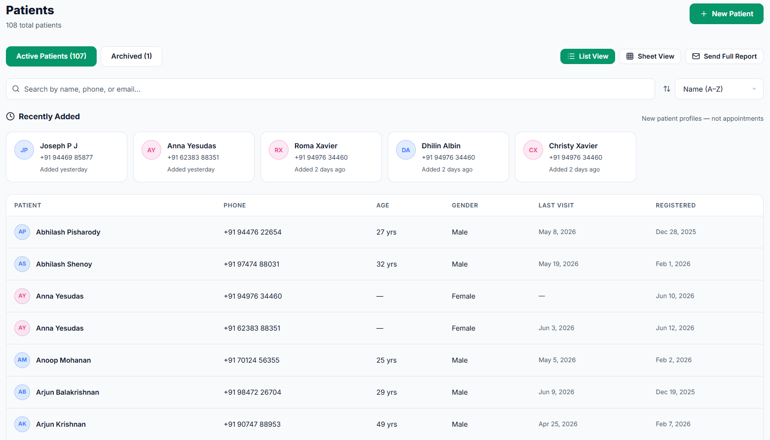 Patient directory with search and filter options