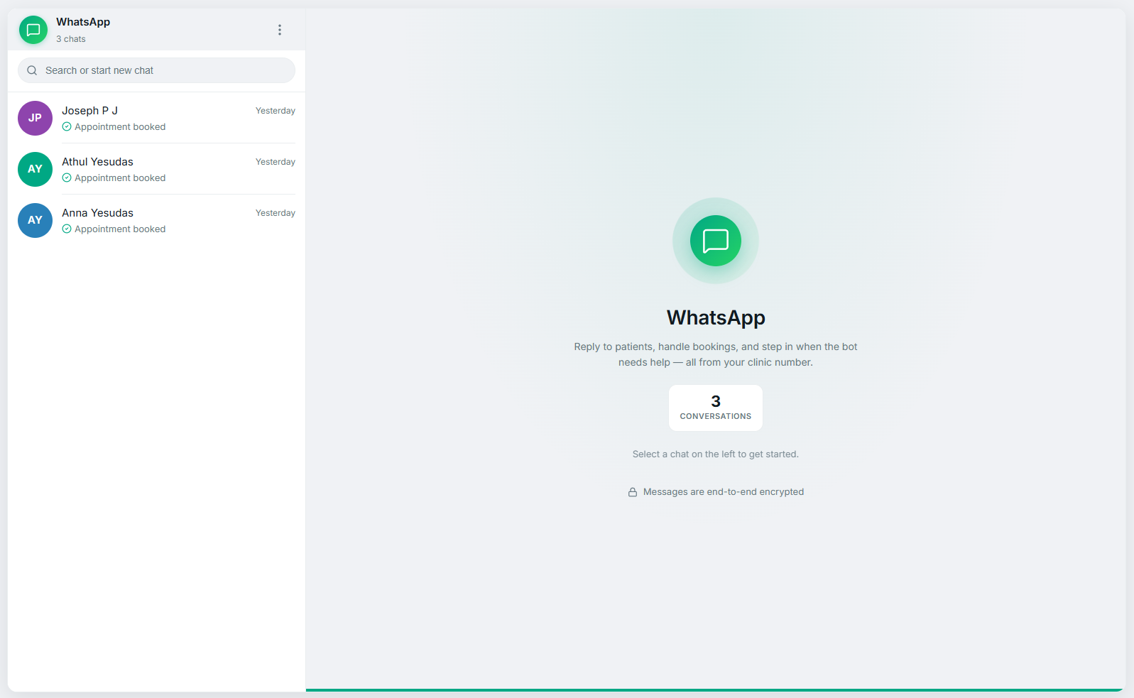 WhatsApp inbox showing patient conversations with appointment statuses